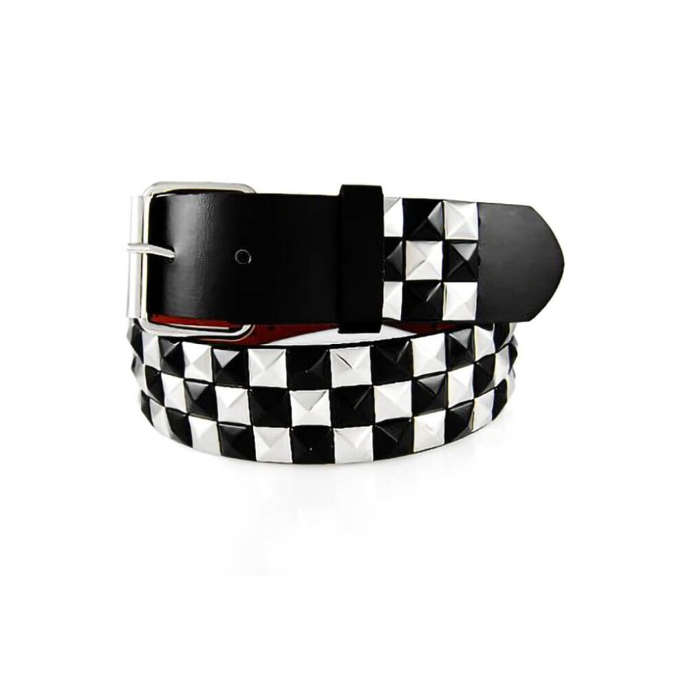 Black and Silver Studded Leather Belt Unisex 3-Rows Metal Pyramid Size Medium
